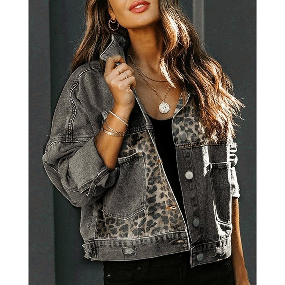 Women's Loose Button Down Cropped Denim Jacket Long Sleeves Cheetah Grey - Picture 2 of 6